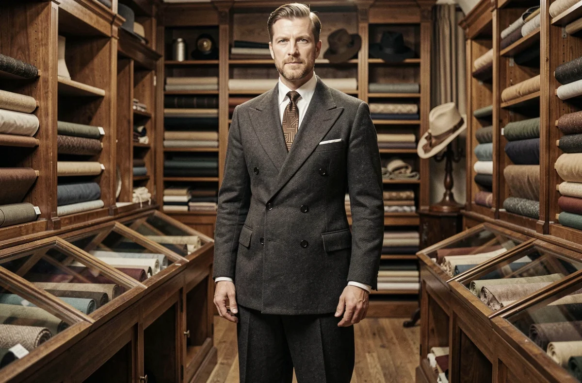 Homme portant un costume années 30 double boutonnage en laine grise dans une boutique de tailleur vintage