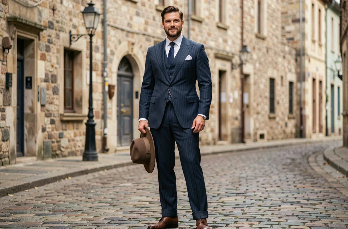 Homme en costume neuf années 30 rayures tennis bleu marine dans une rue pavée européenne avec chapeau fedora