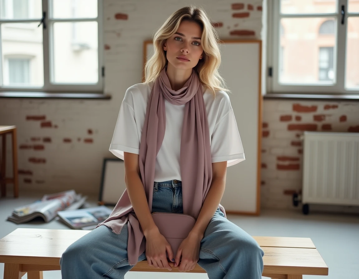 Femme assise en jean large et t-shirt blanc avec foulard et pochette mauve lilas couleur phare 2026