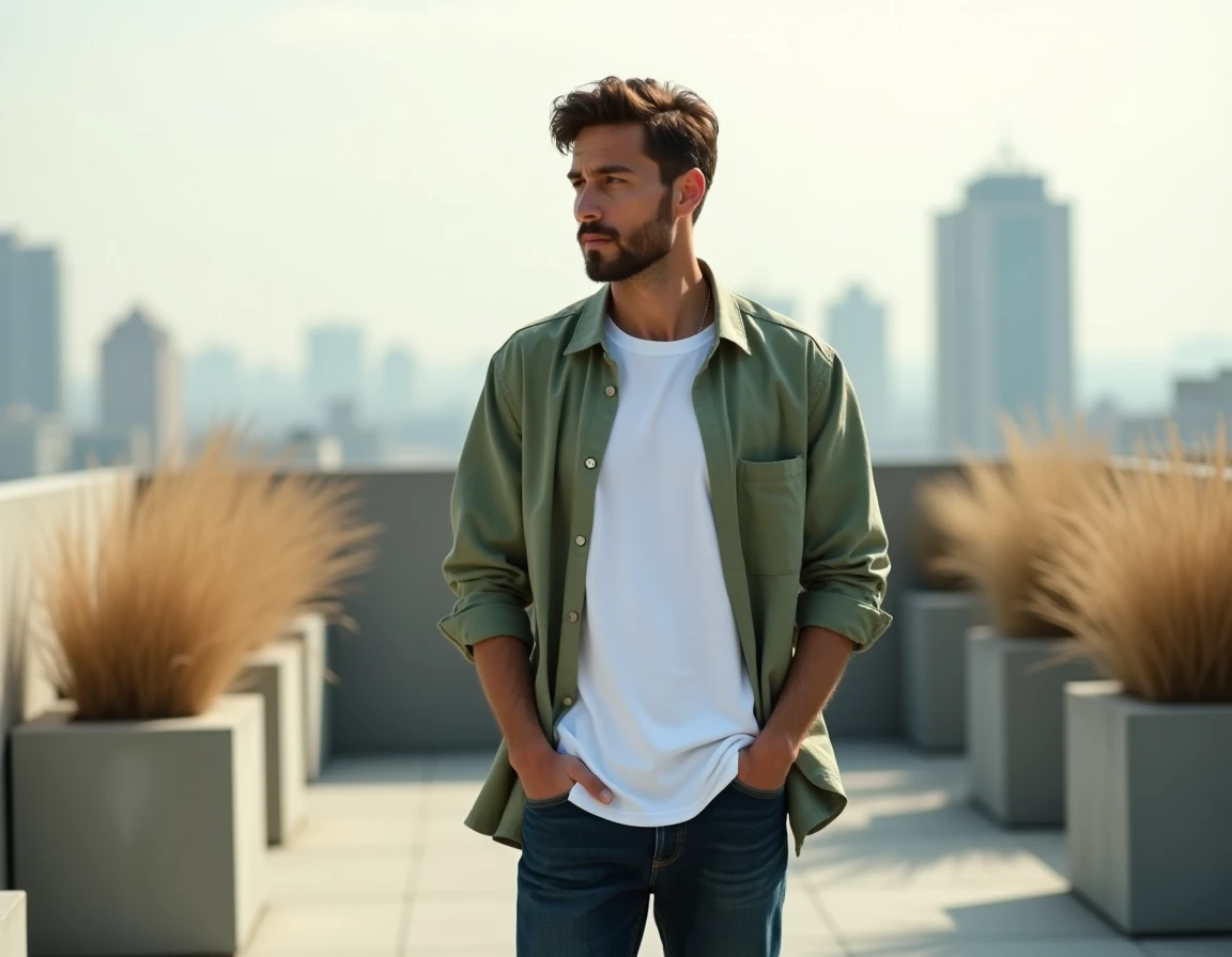 Homme en jean, t-shirt blanc et overshirt vert sauge tendance couleur mode printemps 2026