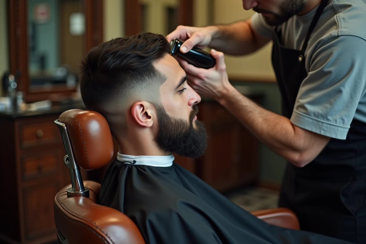 Coupe dégradé espagnol discret en cours de réalisation chez un barbier traditionnel, fondu naturel et précis
