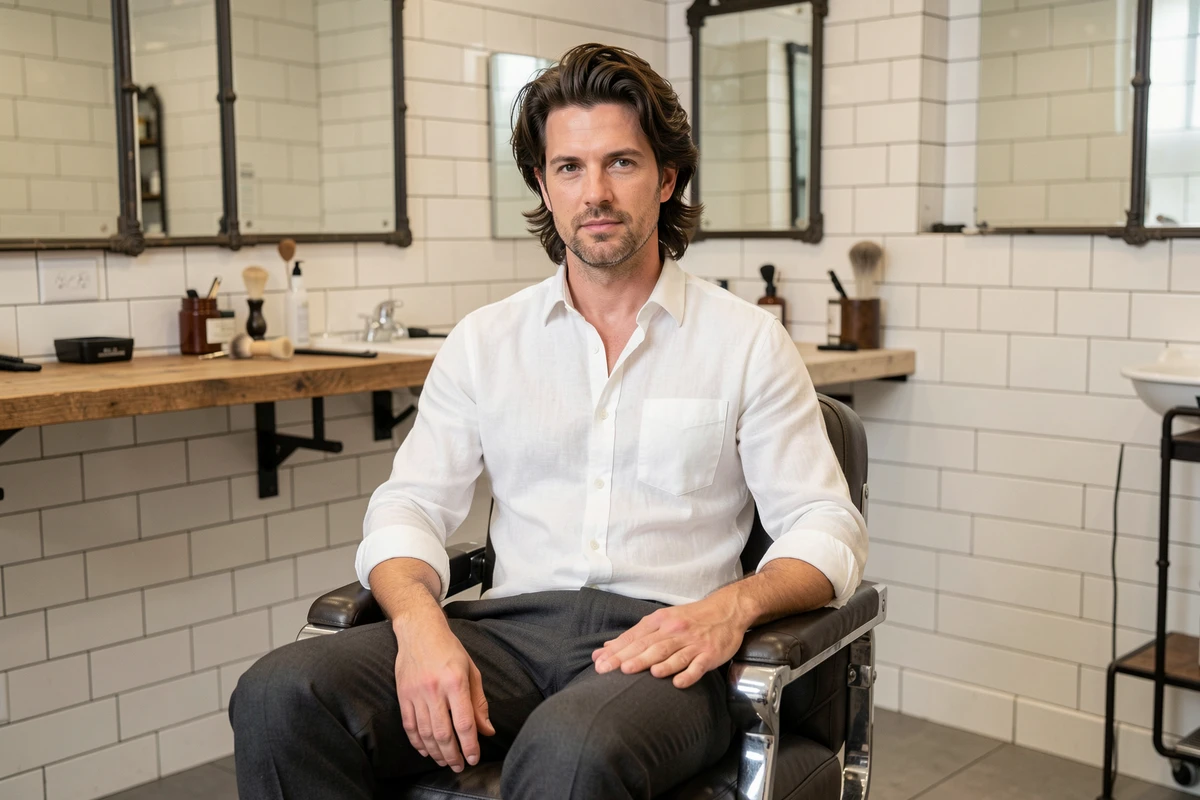 Homme trentenaire avec une coupe mulet contemporaine assis dans un fauteuil de barbershop moderne et élégant