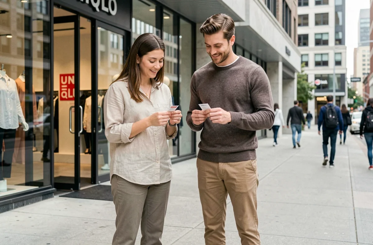 Homme et femme vérifiant les étiquettes de tailles de vêtements Uniqlo devant la devanture d'un magasin
