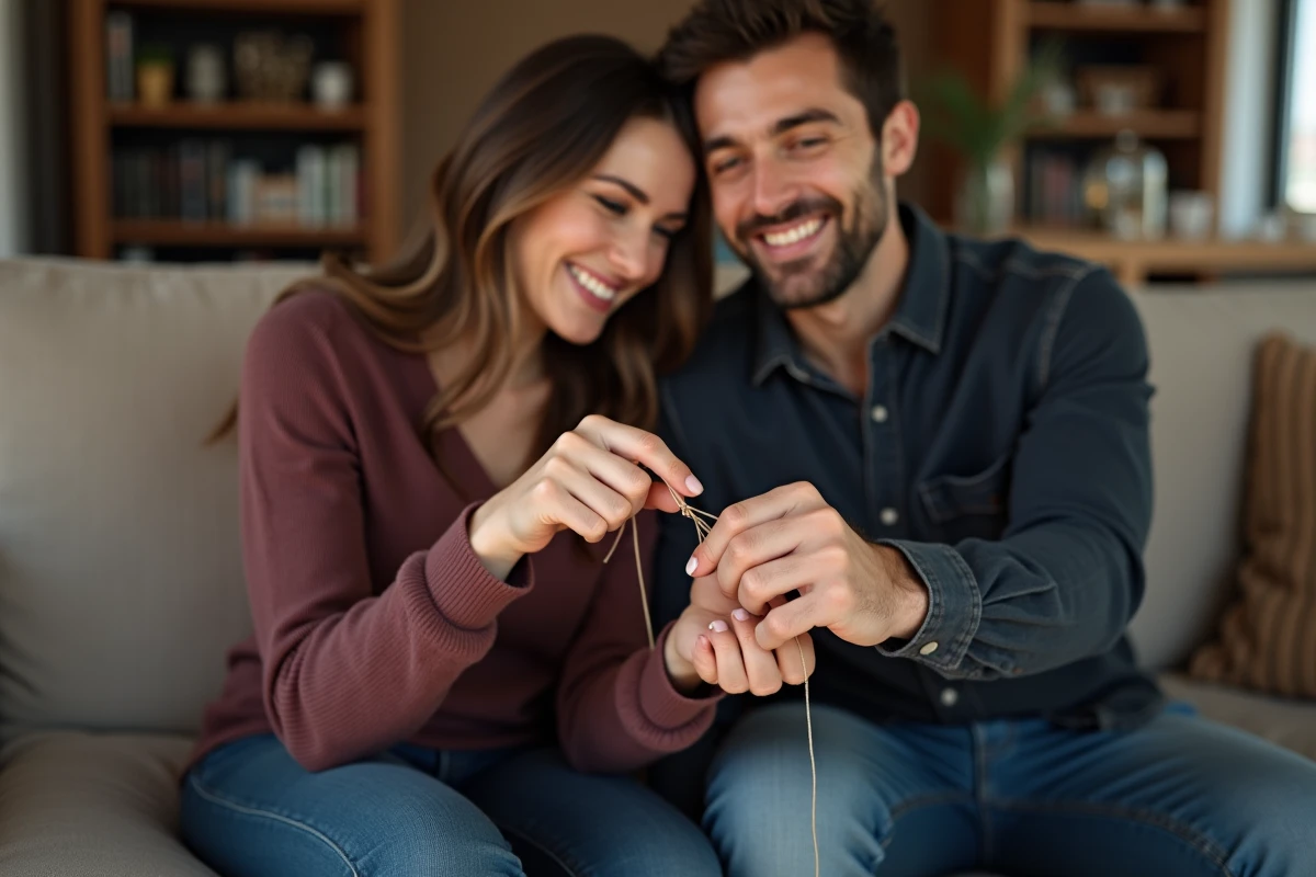 Couple mesurant la taille du doigt à l'aide d'une ficelle à la maison pour choisir une bague sans baguier