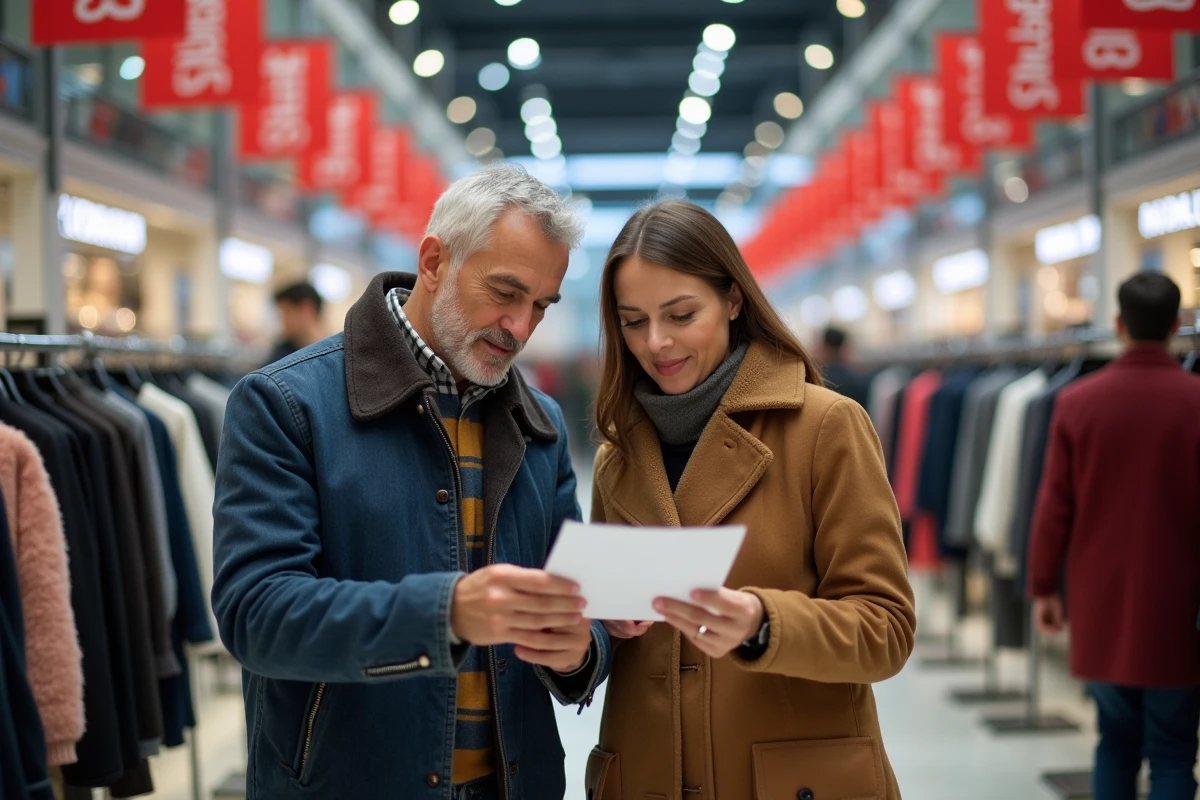 Couple consultant une liste de courses et des étiquettes de prix dans un grand magasin pendant les soldes en France
