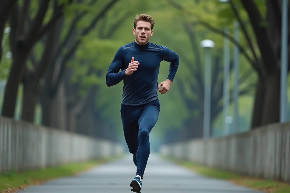 Coureur urbain portant une tenue de sport en spandex recyclé sur un sentier de running en ville
