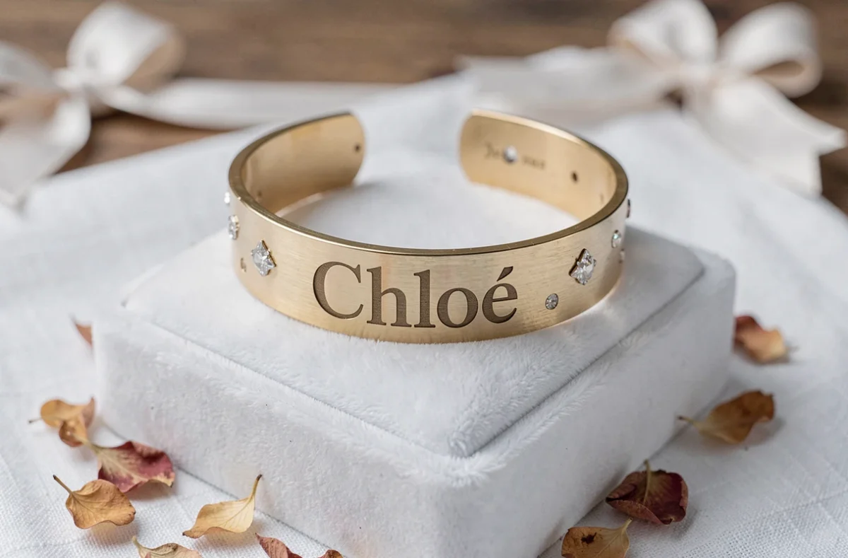 Couronne princesse dorée avec prénom Chloé gravé posée sur un écrin en velours blanc, présentation cadeau élégante en vue du dessus