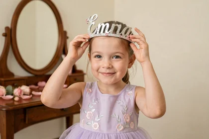 Jeune fille portant une couronne princesse personnalisée avec son prénom gravé, décorée de pierres roses, dans une ambiance féminine et chaleureuse