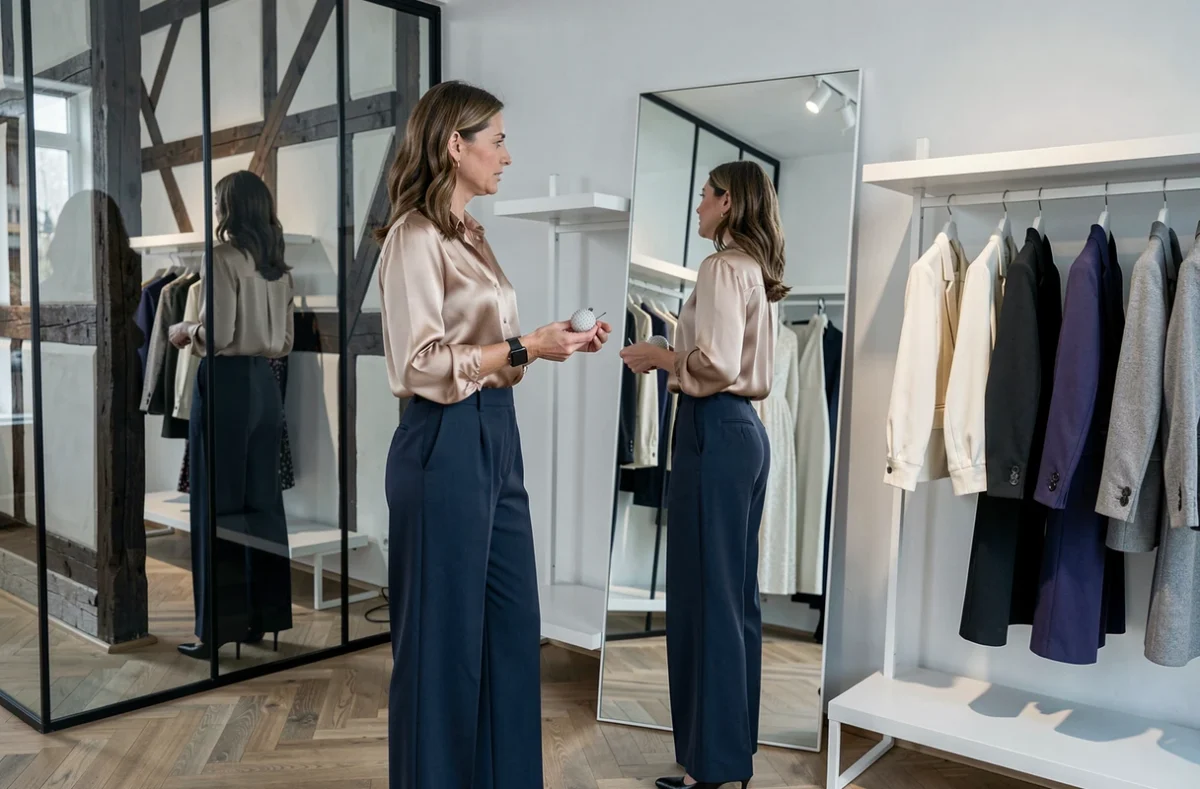 Couturière de Couture et Style à Strasbourg consultant une cliente devant un miroir dans une boutique moderne aux influences alsaciennes