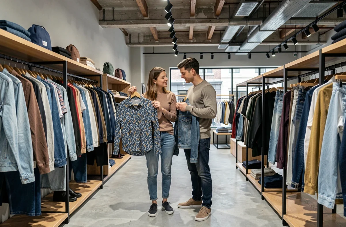 Couple de jeunes adultes explorant les collections de mode mixte dans la boutique Covent Garden à Chartres