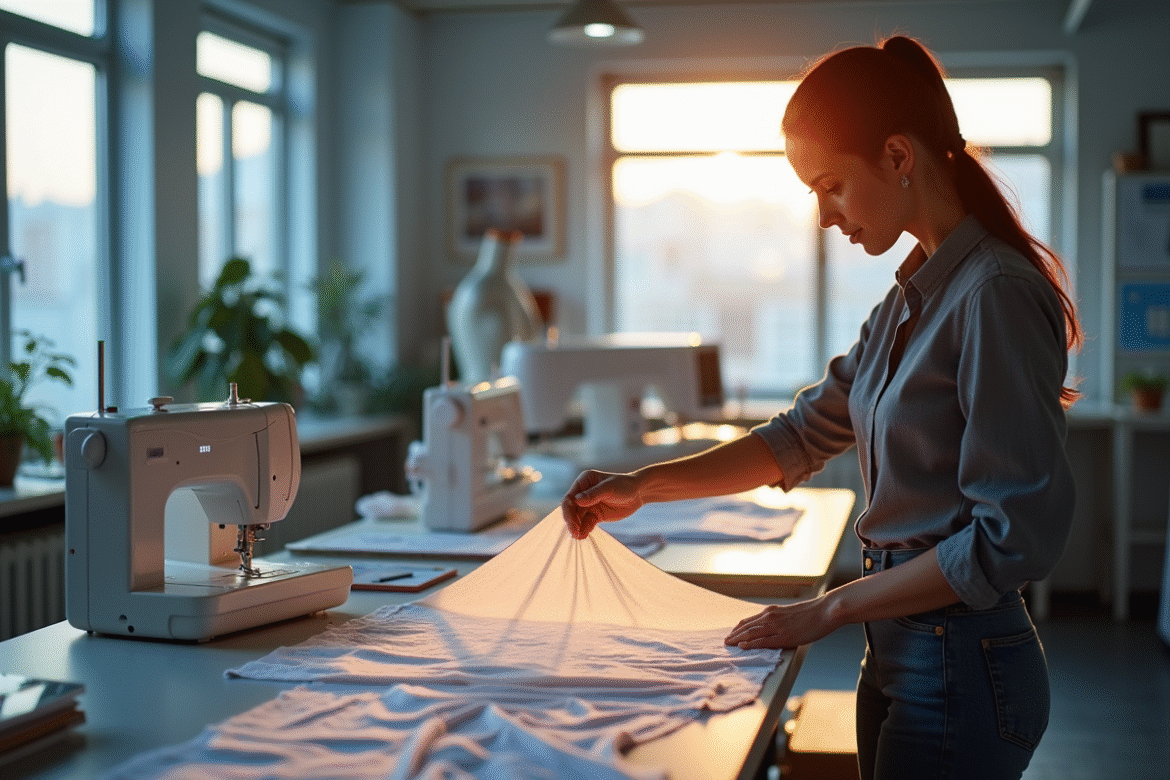 Créateur de mode dans un studio moderne examinant des tissus innovants