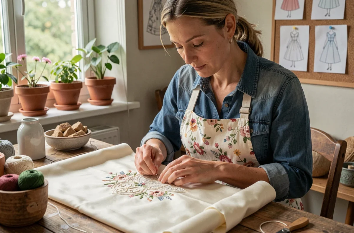 Couturière artisanale des Créations de Ninie brodant à la main un tissu en soie ivoire dans son atelier