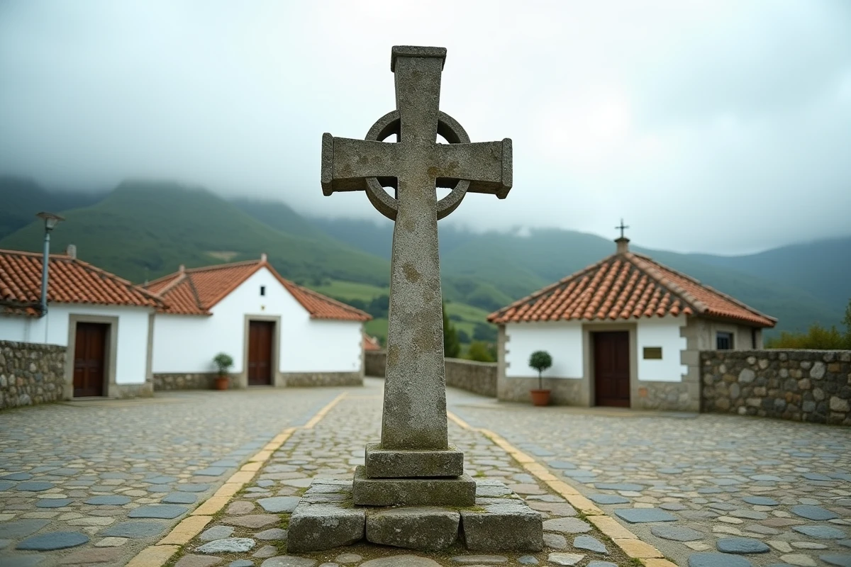 Croix en granit traditionnelle Cruzeiro dans un village rural du Portugal avec église et maisons blanches