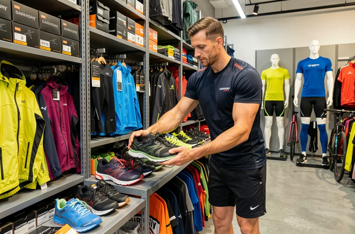 Homme athlétique choisissant des chaussures de sport dans le magasin Darmigny Sports à Chartres
