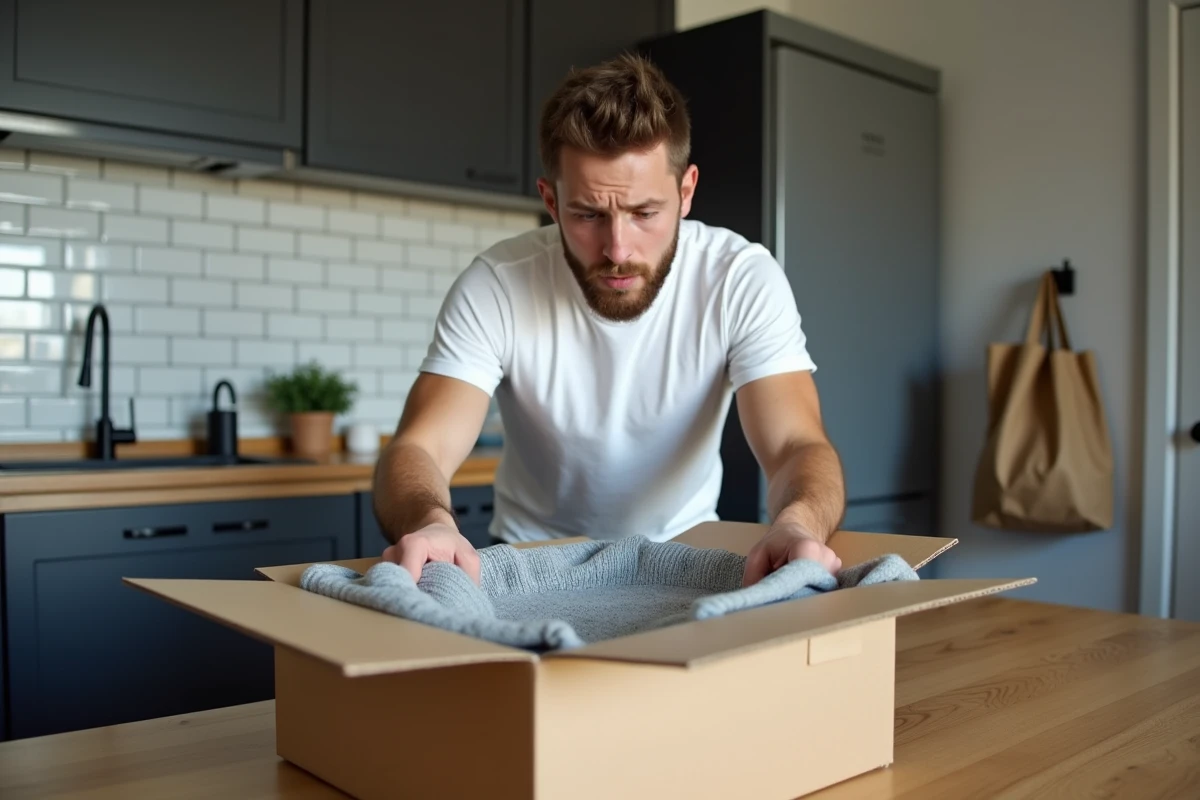 Homme déballant une commande de vêtements reçue d'un site de mode avec une expression mitigée