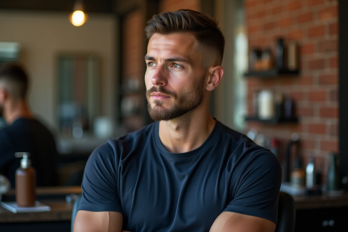 Homme avec un dégradé espagnol discret assis dans un salon de coiffure moderne, coupe naturelle et sobre