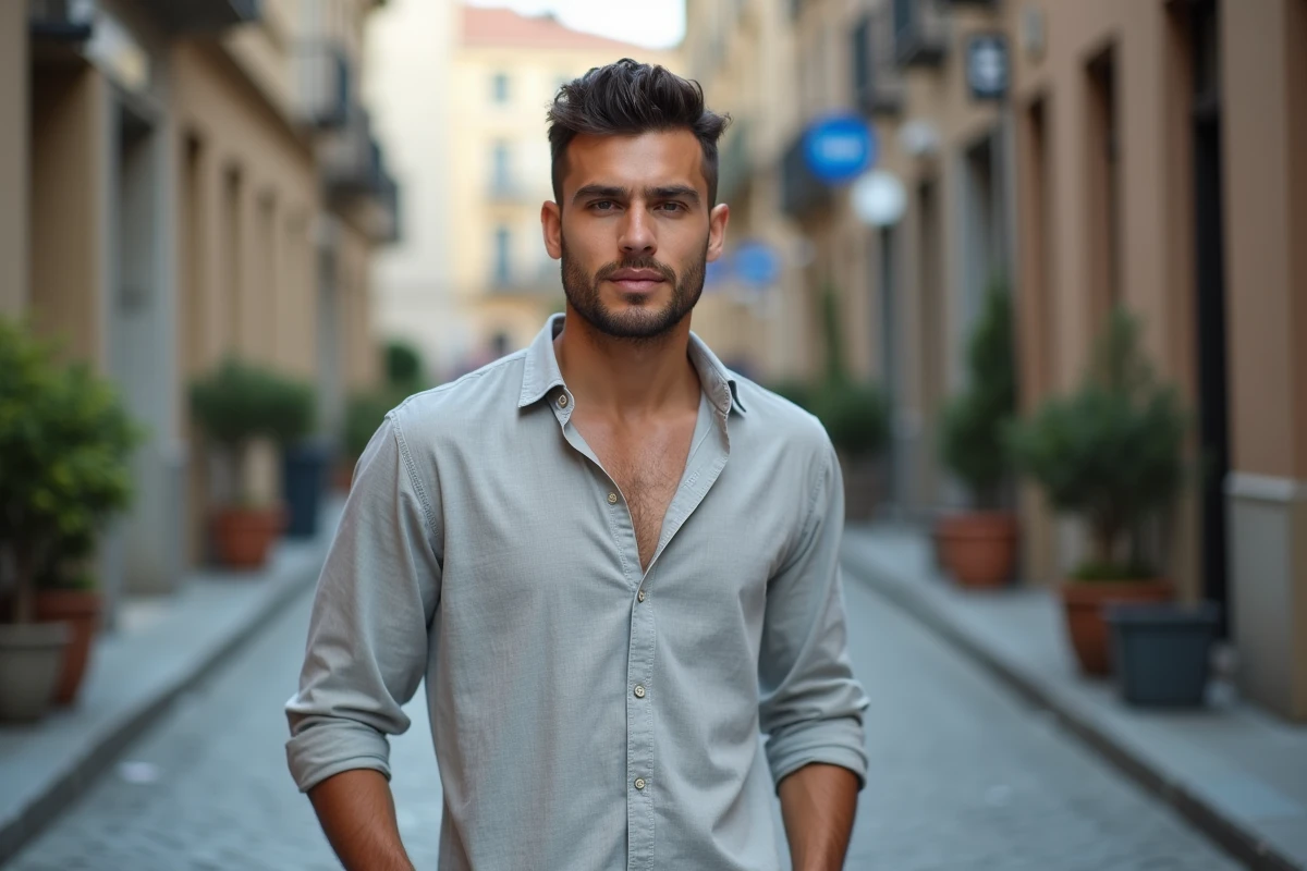 Homme arborant un dégradé espagnol naturel et sobre dans une rue urbaine européenne, look casual élégant