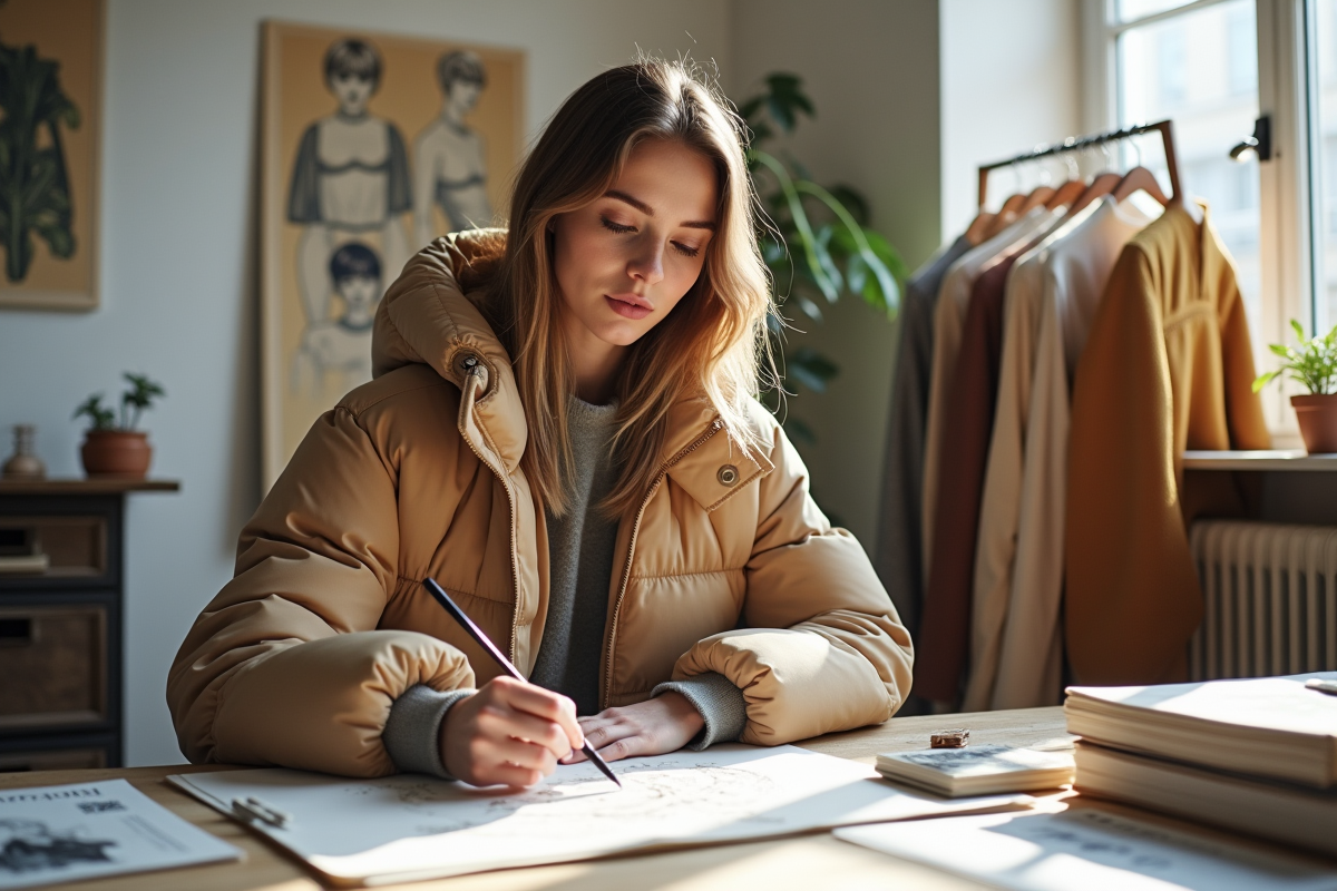Créatrice de mode dessinant des tenues Y2K dans un studio lumineux