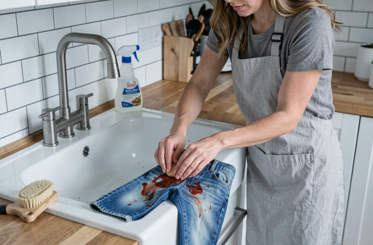 Maman en train de frotter une tache de sauce tomate et chocolat sur un jean enfant dans une cuisine moderne