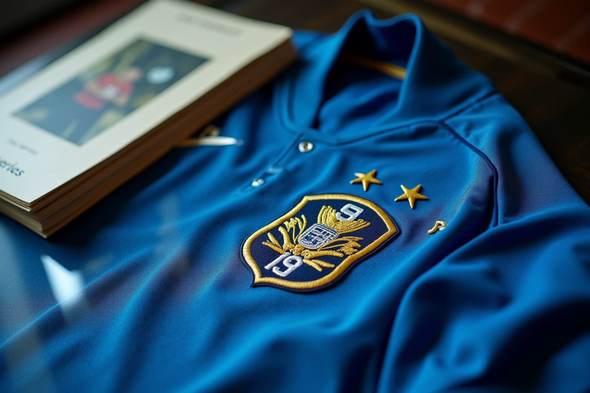 Gros plan sur les détails d'un maillot Blue Lock en édition limitée avec numéro de série, broderies et étiquette d'authenticité sur un bureau de collectionneur