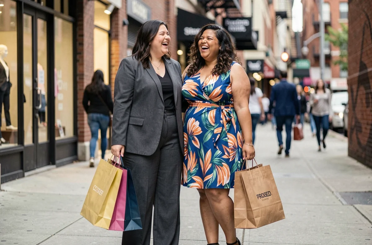 Deux femmes grandes tailles souriantes portant des sacs de shopping dans une rue commerçante