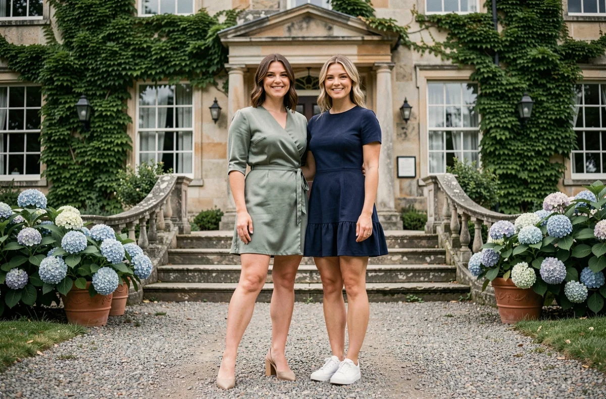 Deux invitées de mariage en robes courtes élégantes, l'une en talons et l'autre en baskets, devant un manoir