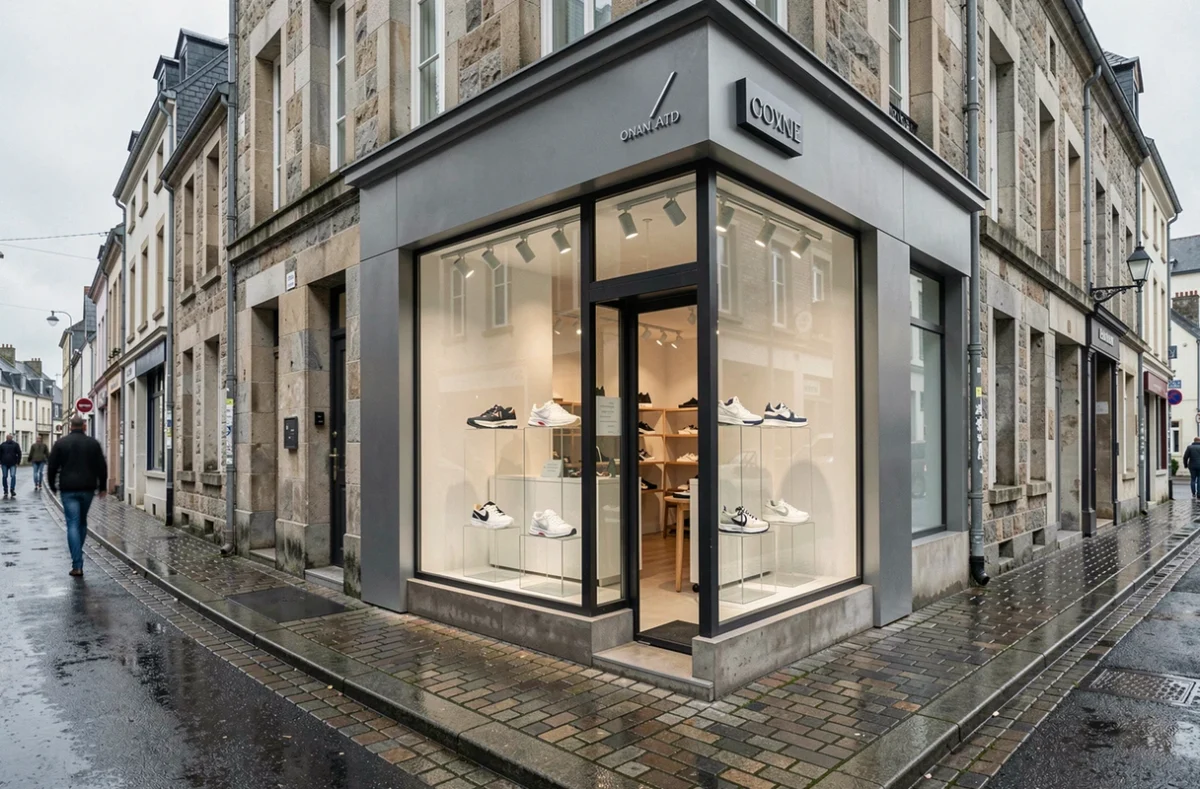 Devanture de la boutique de sneakers Snatch dans une rue commerçante de Lorient