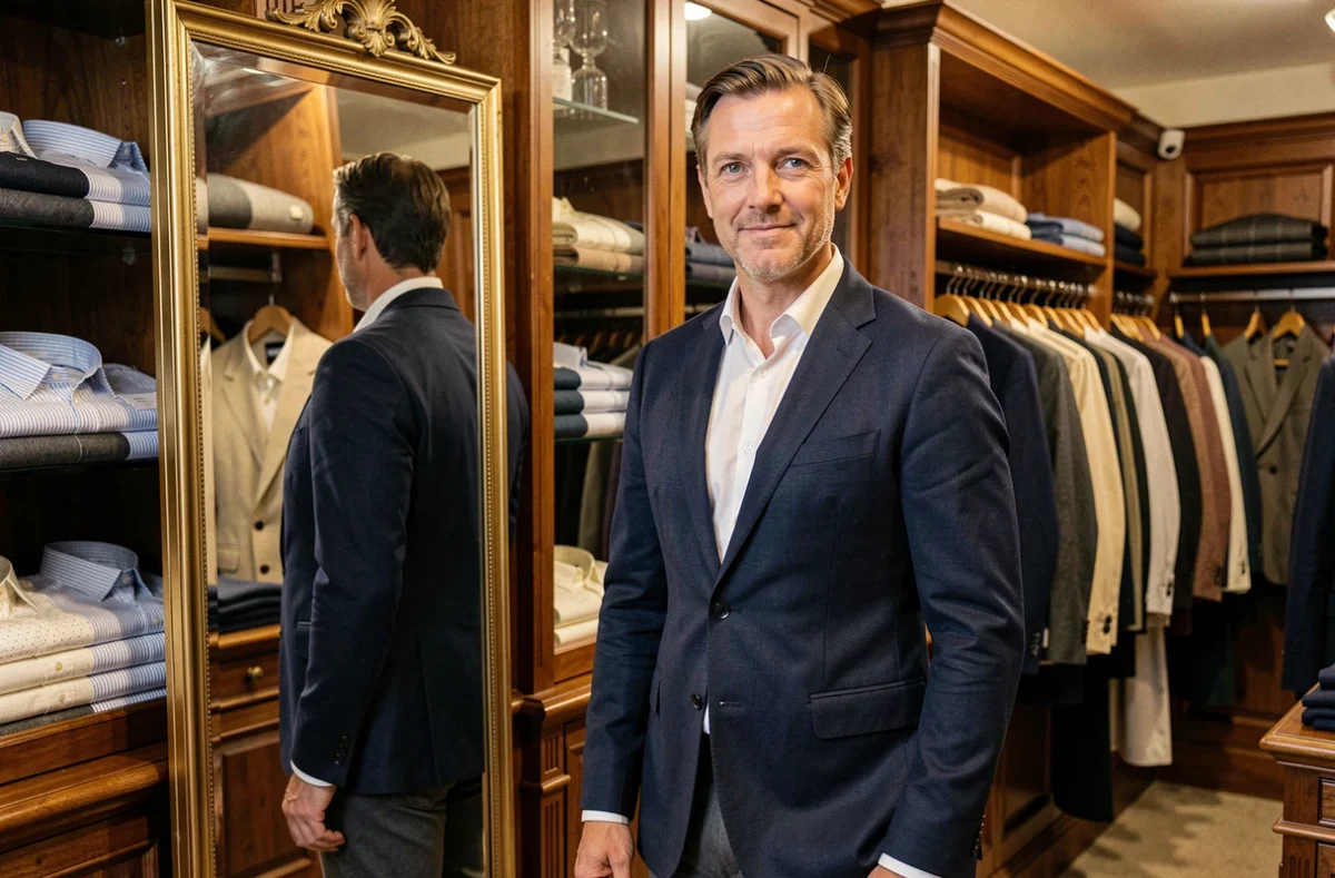Homme en blazer marine essayant un vêtement dans la boutique Devred 1902 à Dreux
