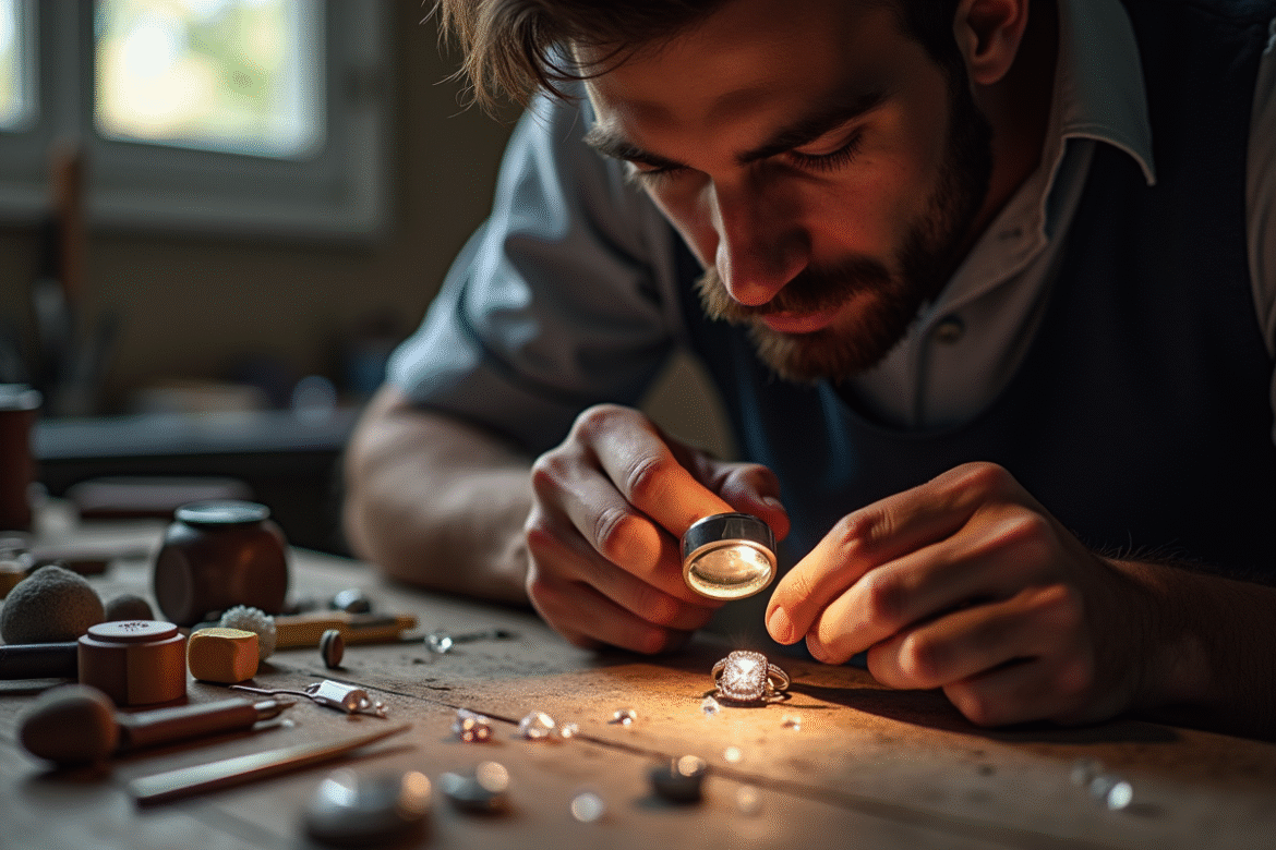Bijoutier examinant un diamant avec une loupe dans un atelier