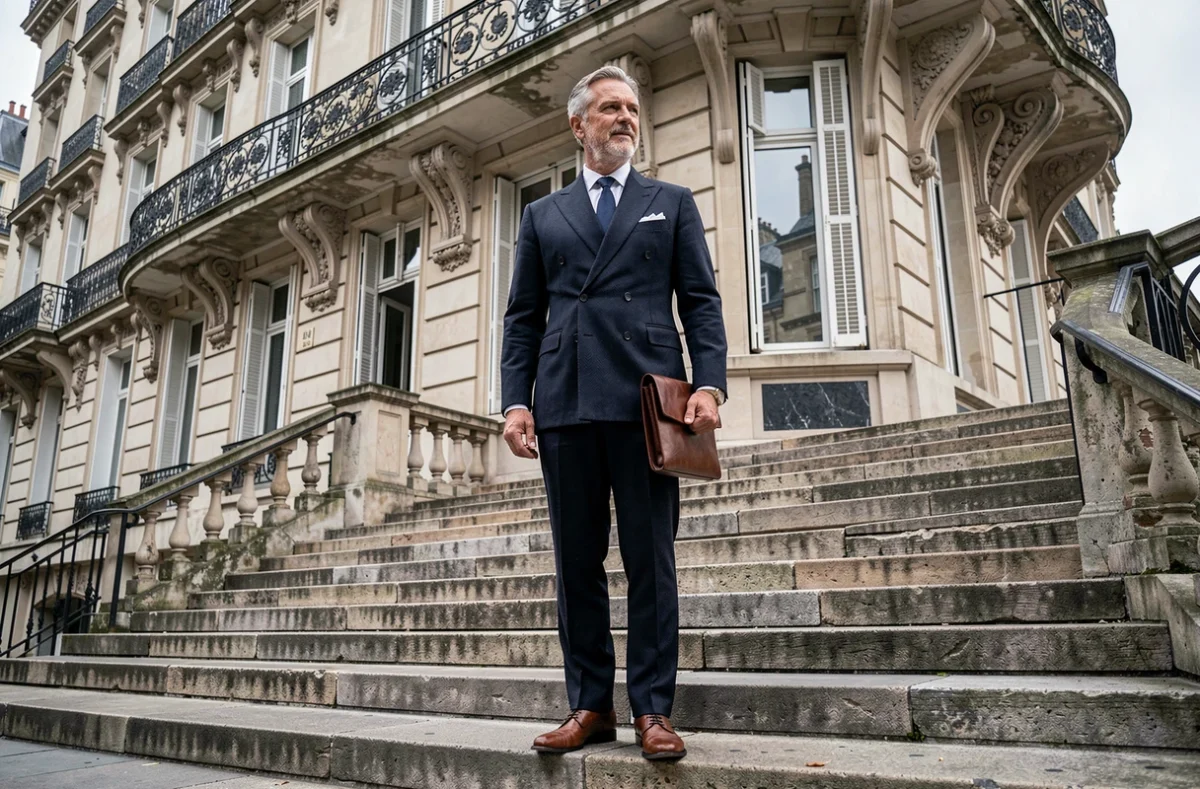 Homme élégant en costume marine devant un immeuble haussmannien à Paris