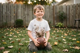Jeune garçon avec un t-shirt blanc taché d'herbe et de boue après une partie de football dans le jardin