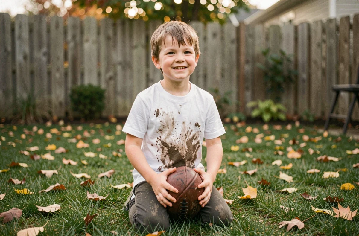 Jeune garçon avec un t-shirt blanc taché d'herbe et de boue après une partie de football dans le jardin