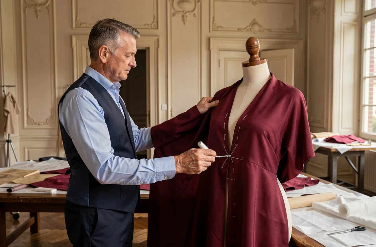 Couturier Éric Éveno de Couture Services à Nancy drapant un tissu bordeaux sur un mannequin dans un atelier élégant