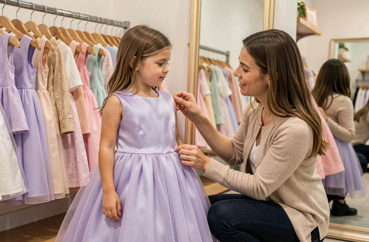 Mère et fillette en boutique de vêtements essayant une robe de princesse lilas, vérifiant la doublure et le confort du tissu ensemble