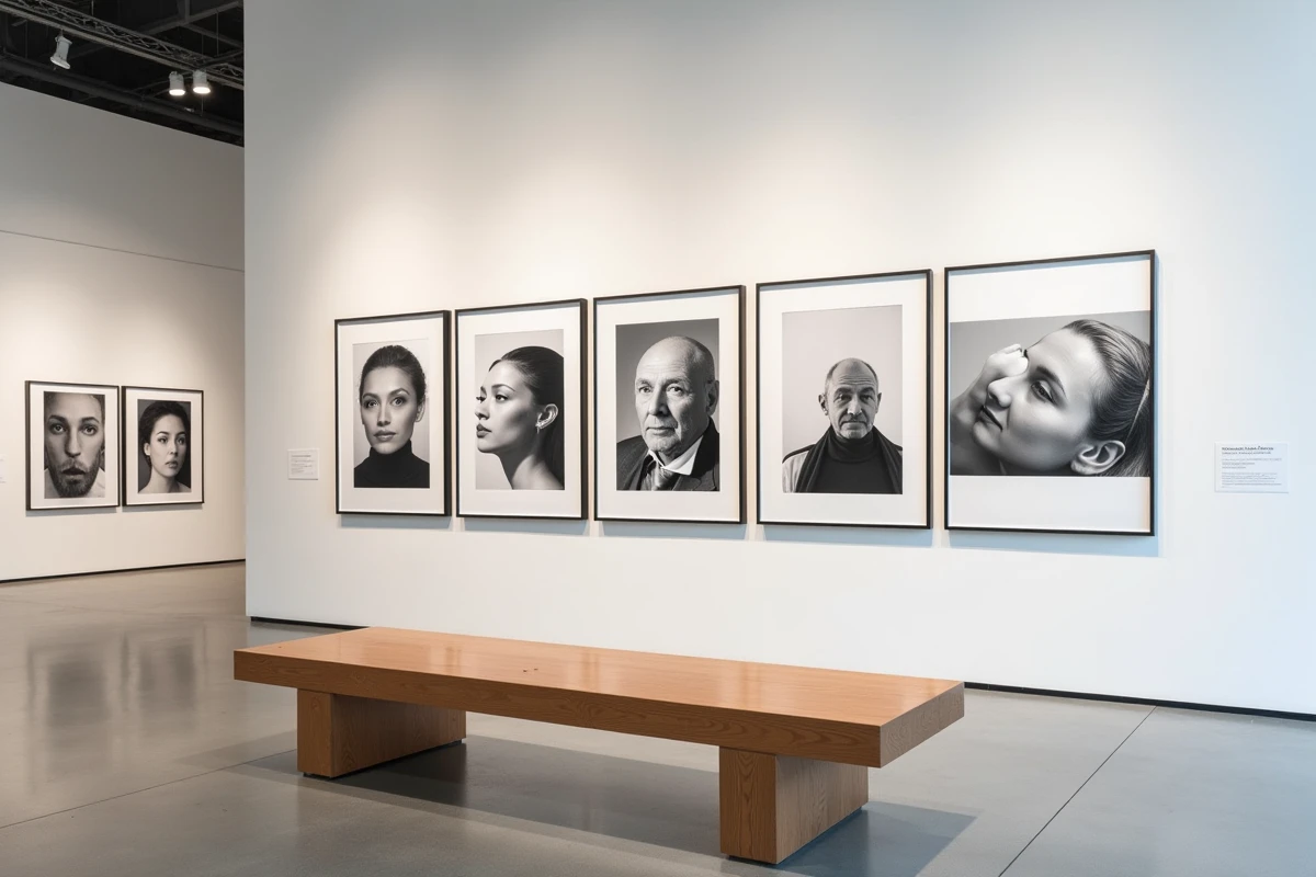 Exposition de photographies noir et blanc encadrées dans une galerie d'art contemporaine avec un banc en bois au premier plan