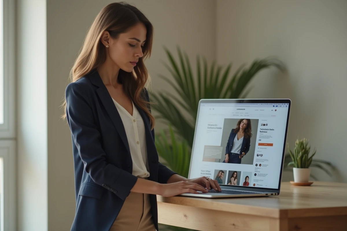 Femme consultant un site de mode en ligne avec une expression dubitative devant son ordinateur portable