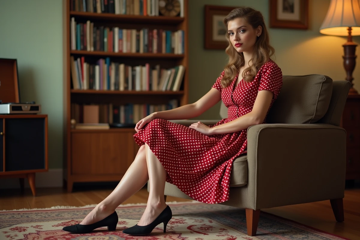 Femme en robe à pois vintage assise dans un salon rétro