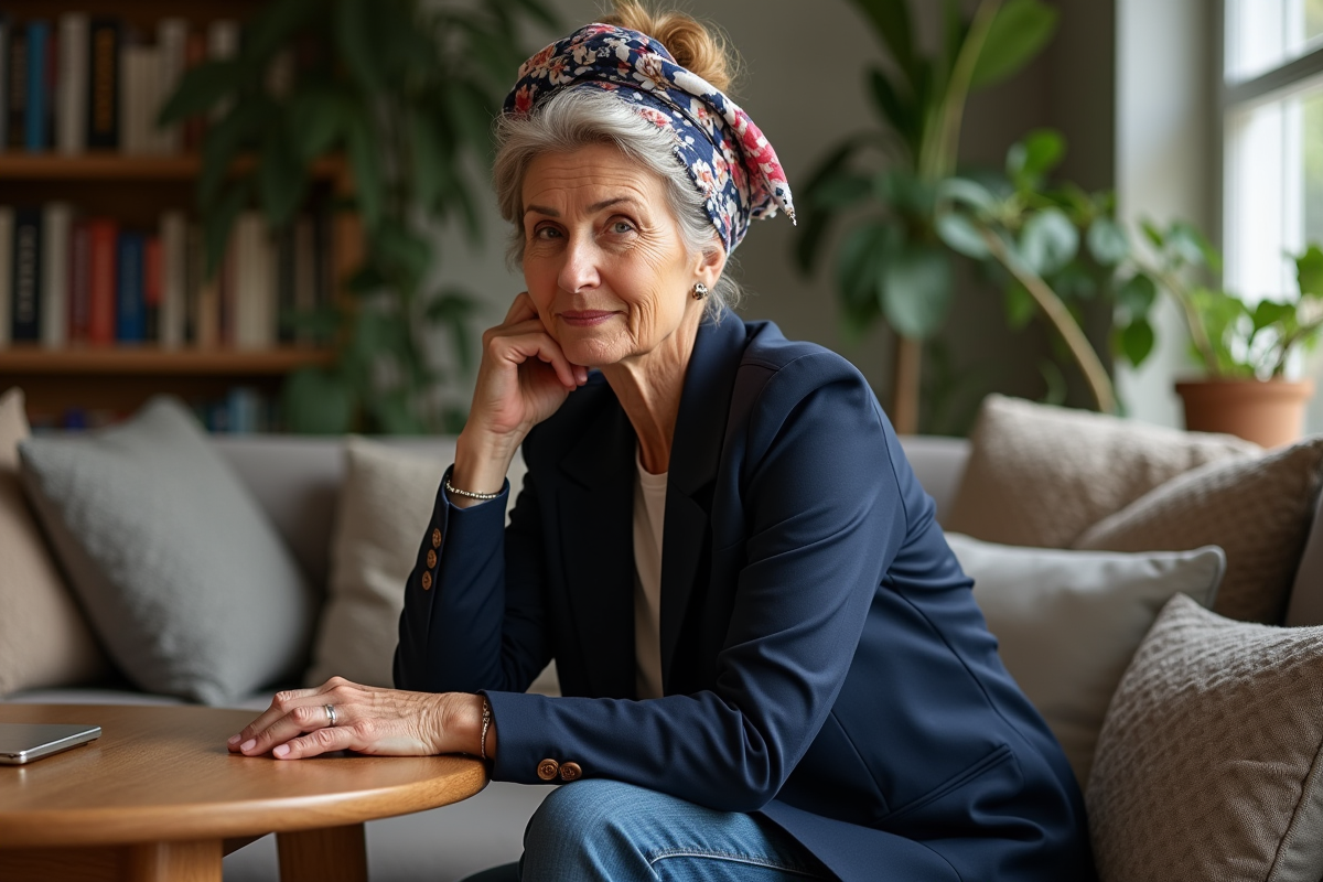 Femme mature avec foulard floral dans un intérieur cosy