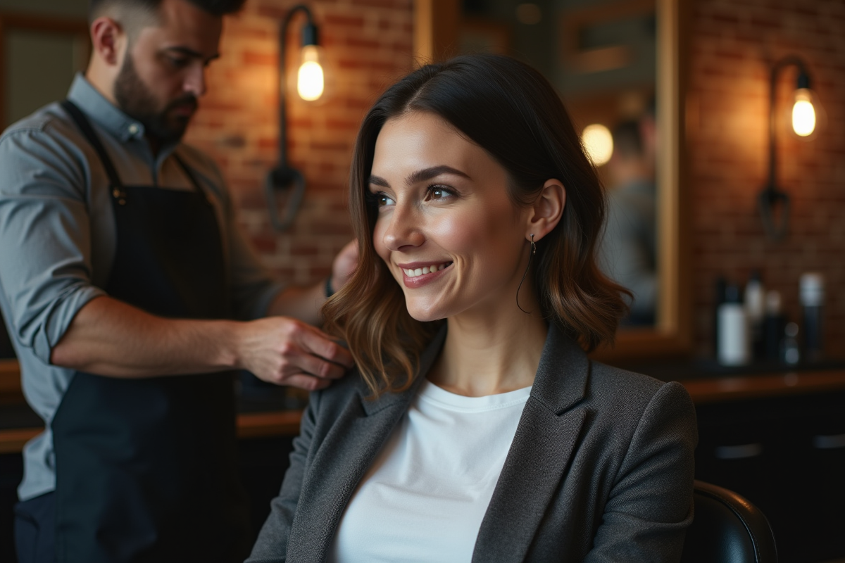 Femme souriante en salon de coiffure urbain avec barbier