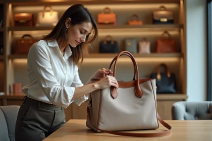 Femme examine un sac de designer dans une boutique chic