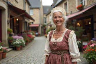 Femme bretonne en costume traditionnel avec coiffe et robe brodee