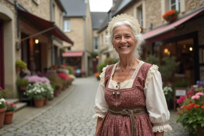 Femme bretonne en costume traditionnel avec coiffe et robe brodee