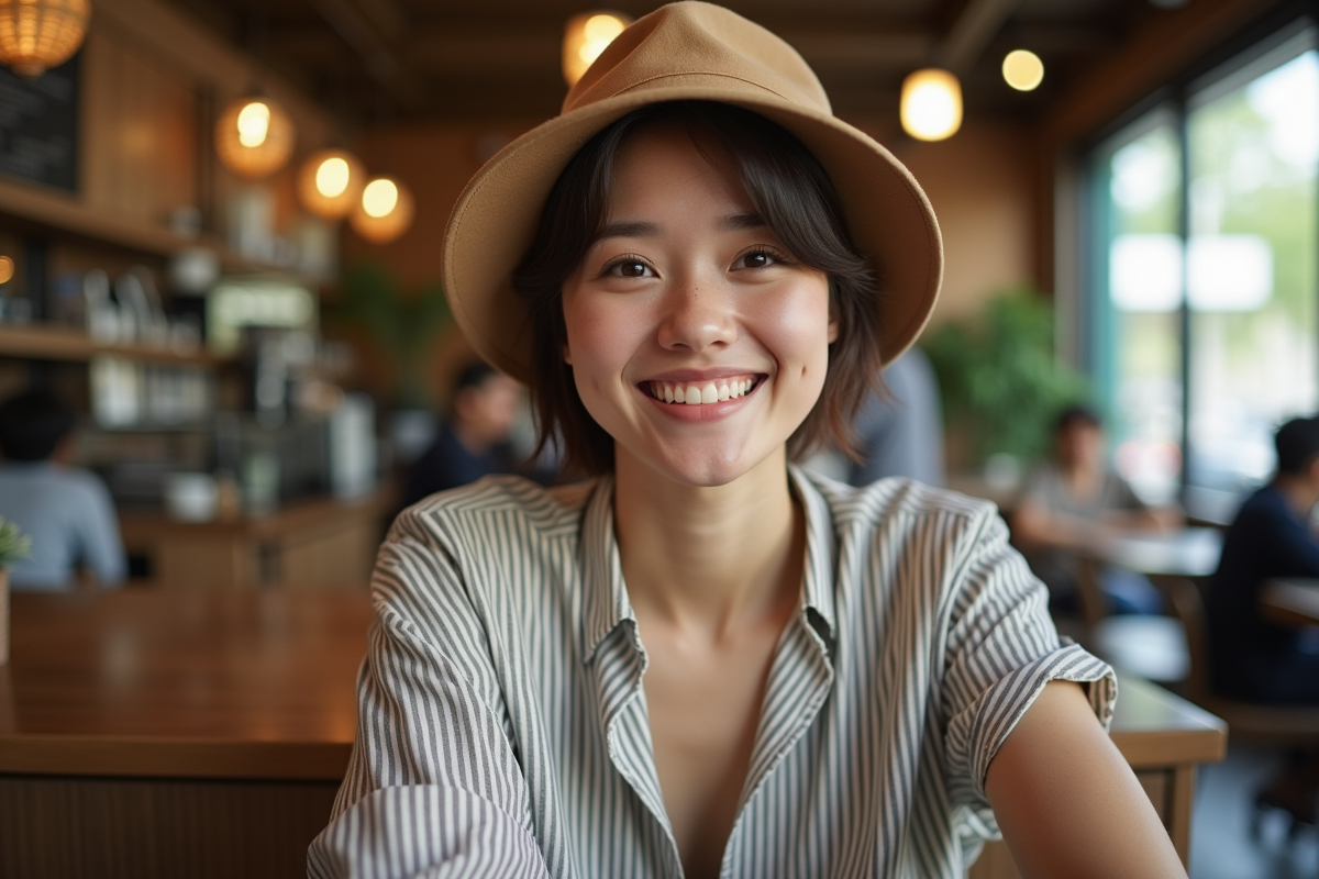 Femme souriante avec chapeau dans un café cosy intérieur