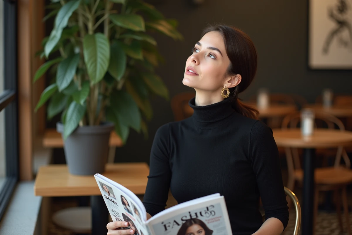 Jeune femme au café portant un turtleneck noir