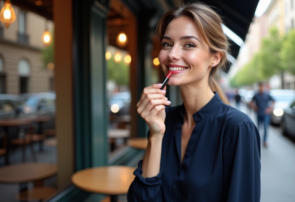 Femme élégante dans un café en ville avec reflet dans la vitre