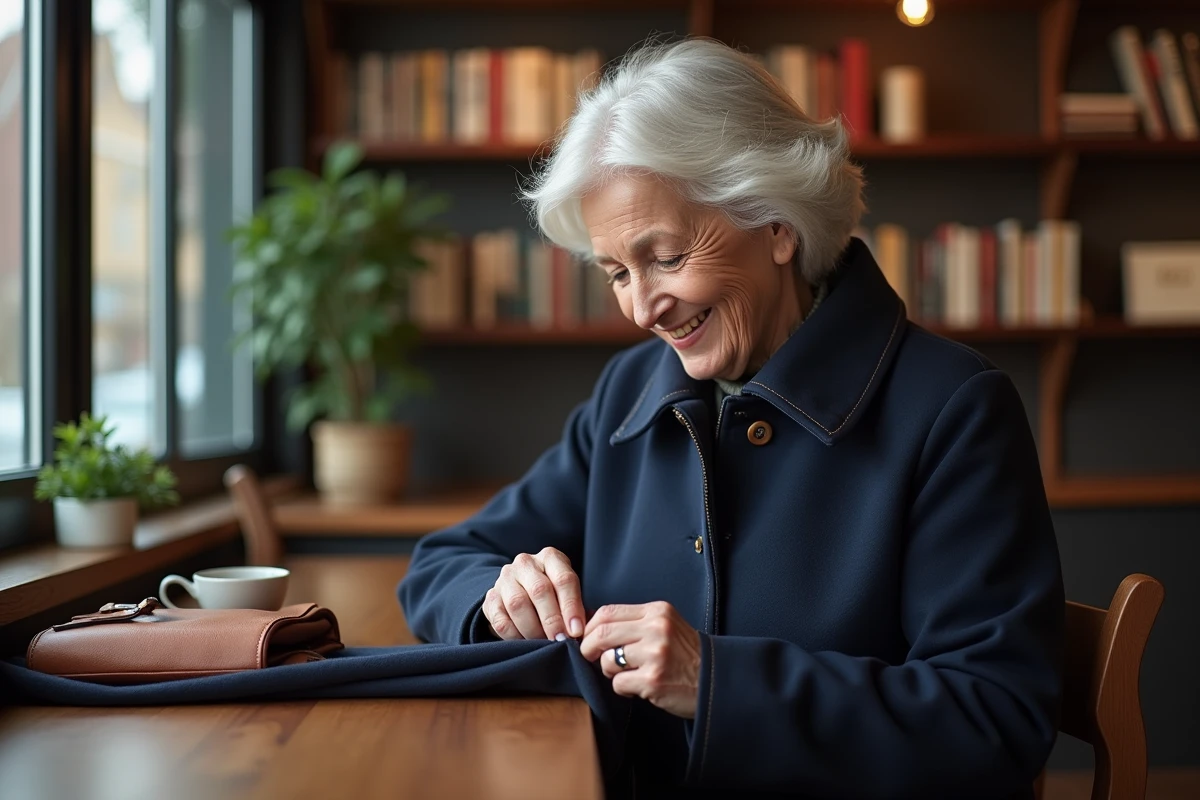 Femme au café réparant la poche de son manteau