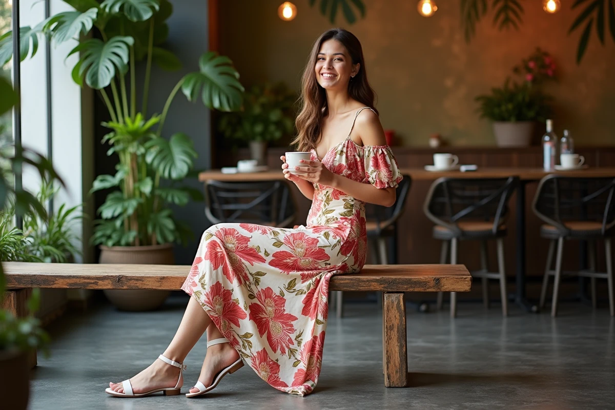 Jeune femme en robe florale assise au café souriant