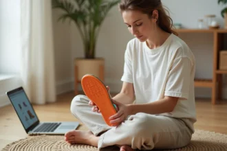 Femme examinant une claquette poisson colorée pour vérifier la pointure avant un achat en ligne