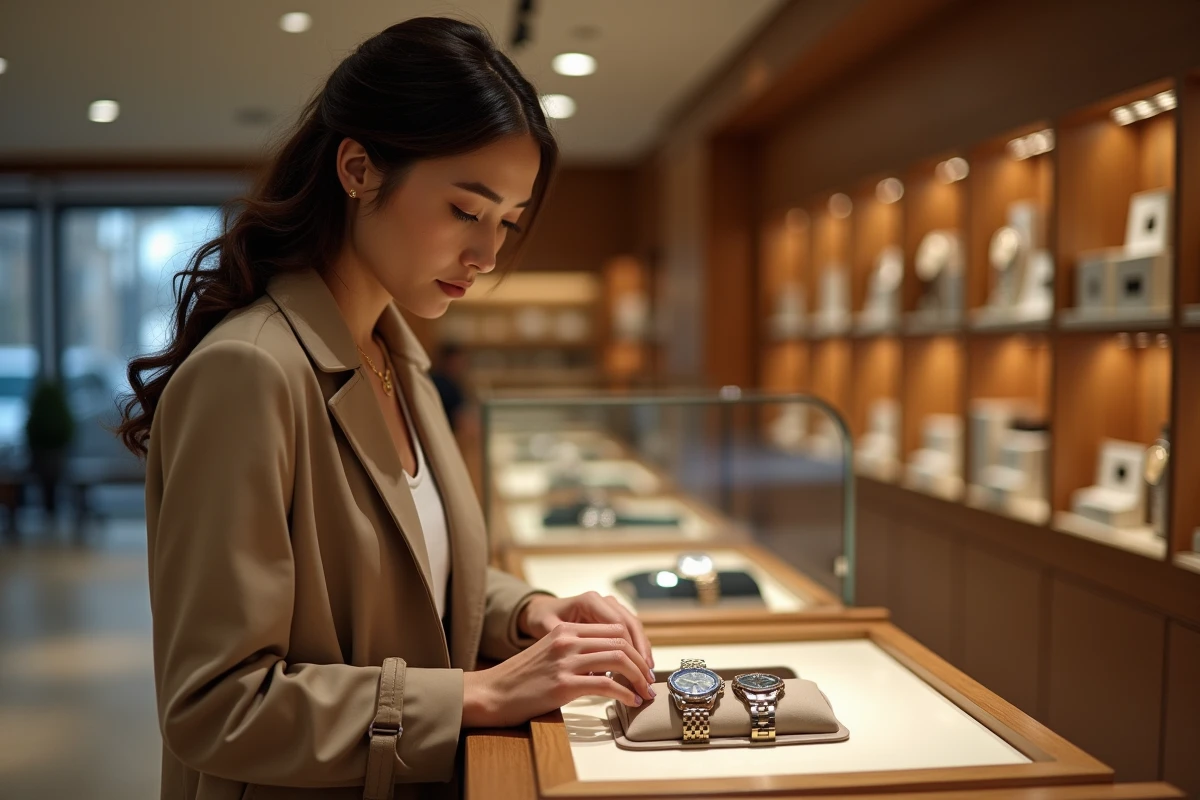 Femme stylée comparant des montres dans un showroom
