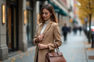Femme en manteau beige dans la ville en automne
